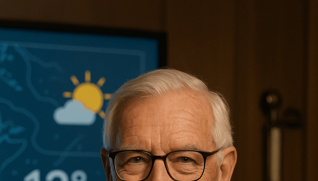 William Pettersen i sitt værstudio foran digitale tavler og vintage barometre.