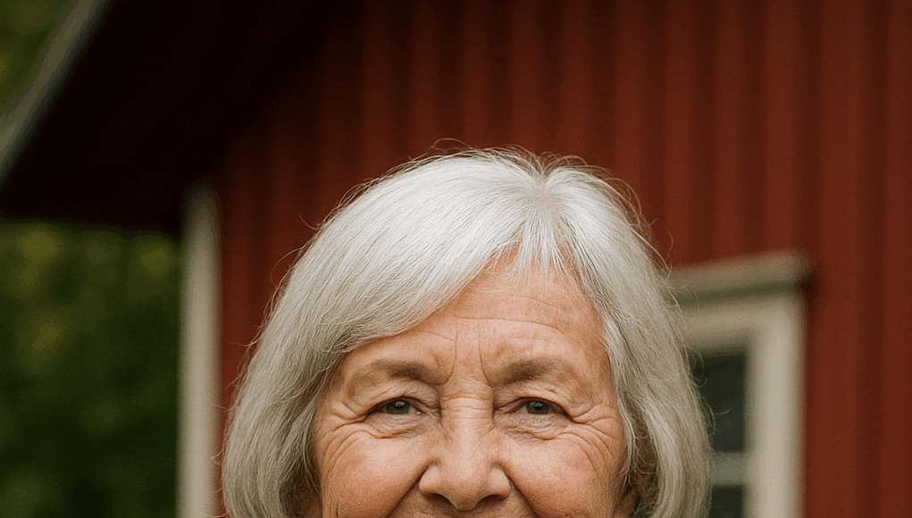 Eldre kvinne, Agnes Hovland, foran rødt trehus med bob-frisyre, blå genser og rødt skjerf