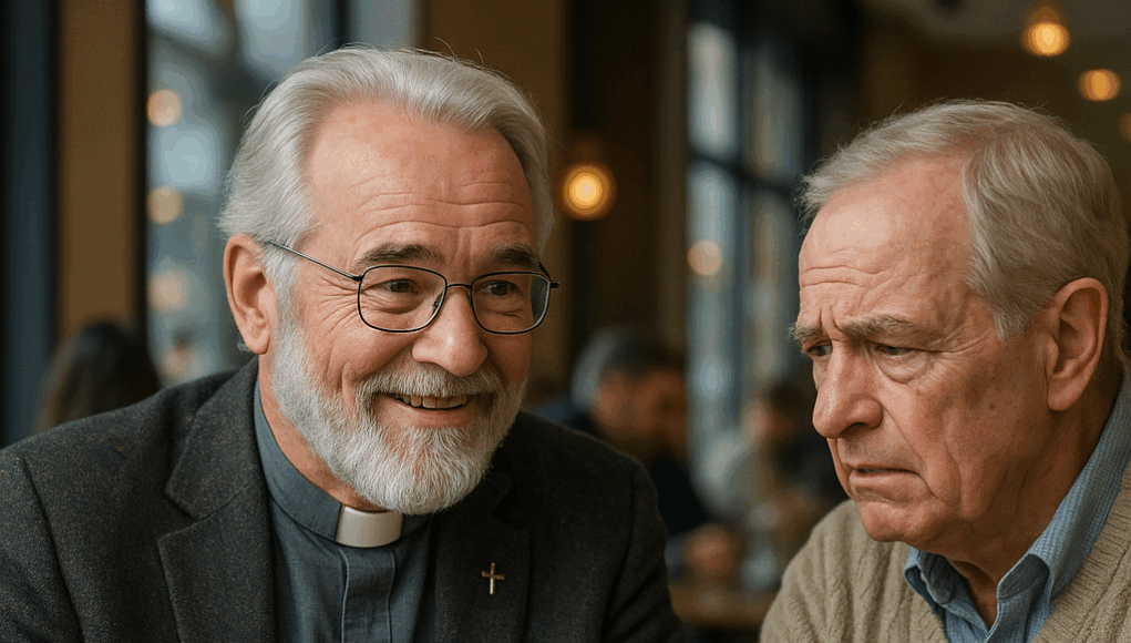 Pastor Emeritus Ole Kristian Gjerstad ser utover fjorden ved soloppgang med en bok i hånden.