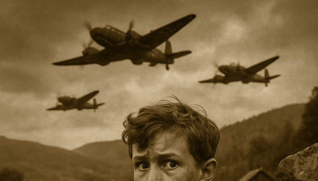 Ung Gunnar Fosse gjemt bak steingard, redsel for tyske soldater og fly over Hallingdal, sepiafotografi fra 1940-tallet.